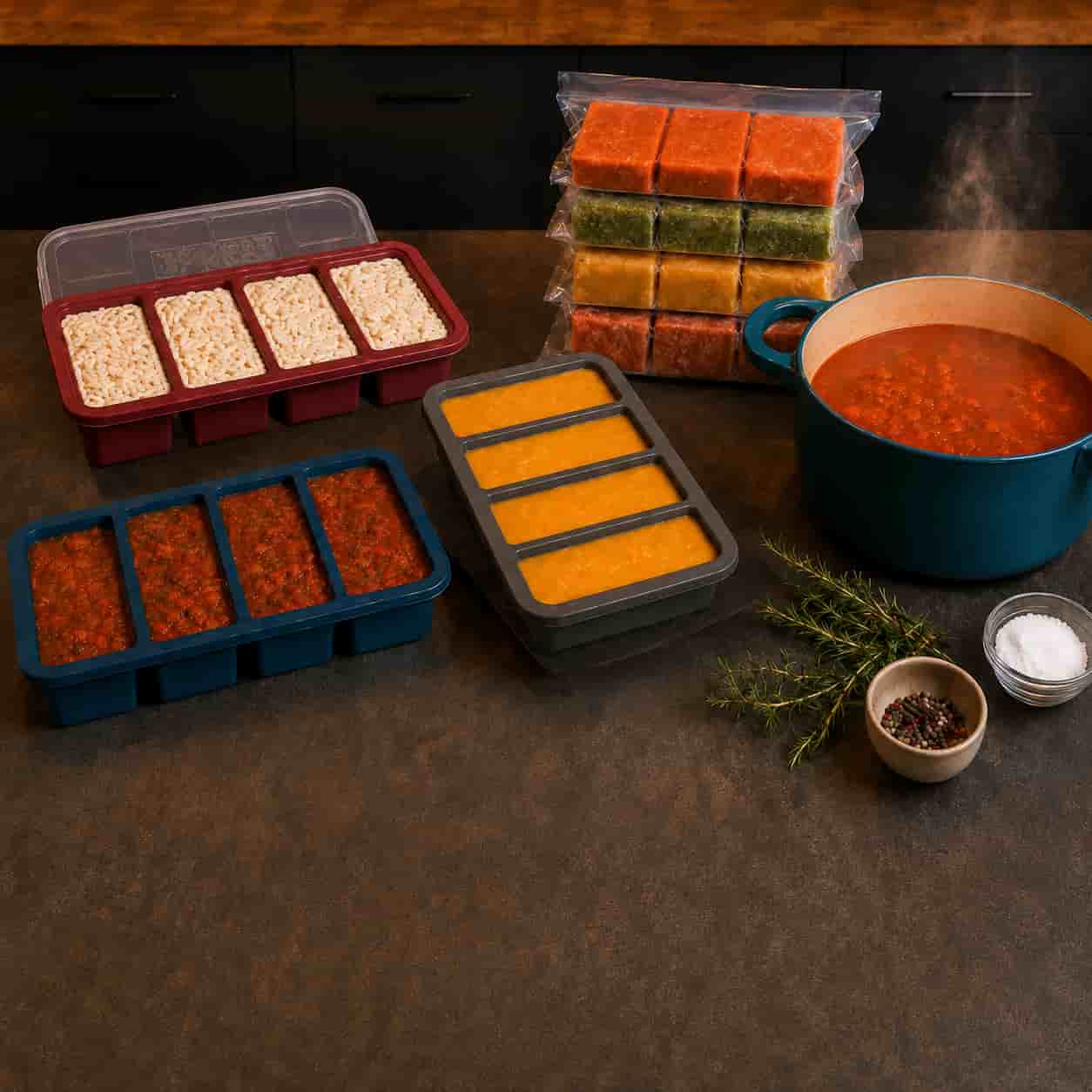 Colorful frozen blocks in silicone molds with a pot of sauce