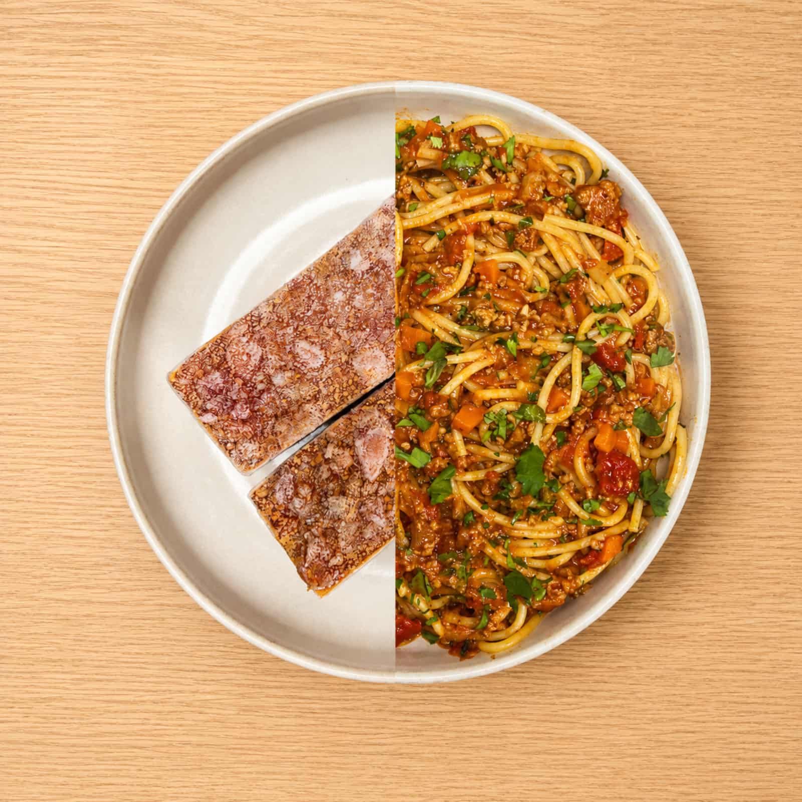 Plated bolognese pasta, fresh and steaming