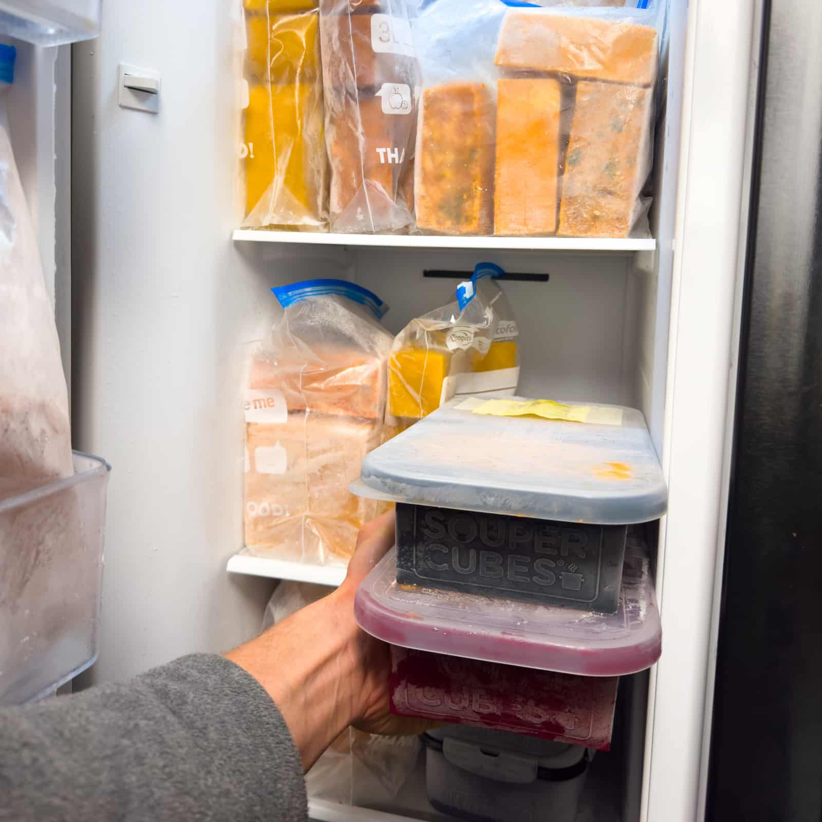 Labeled freezer bags filled with frozen blocks